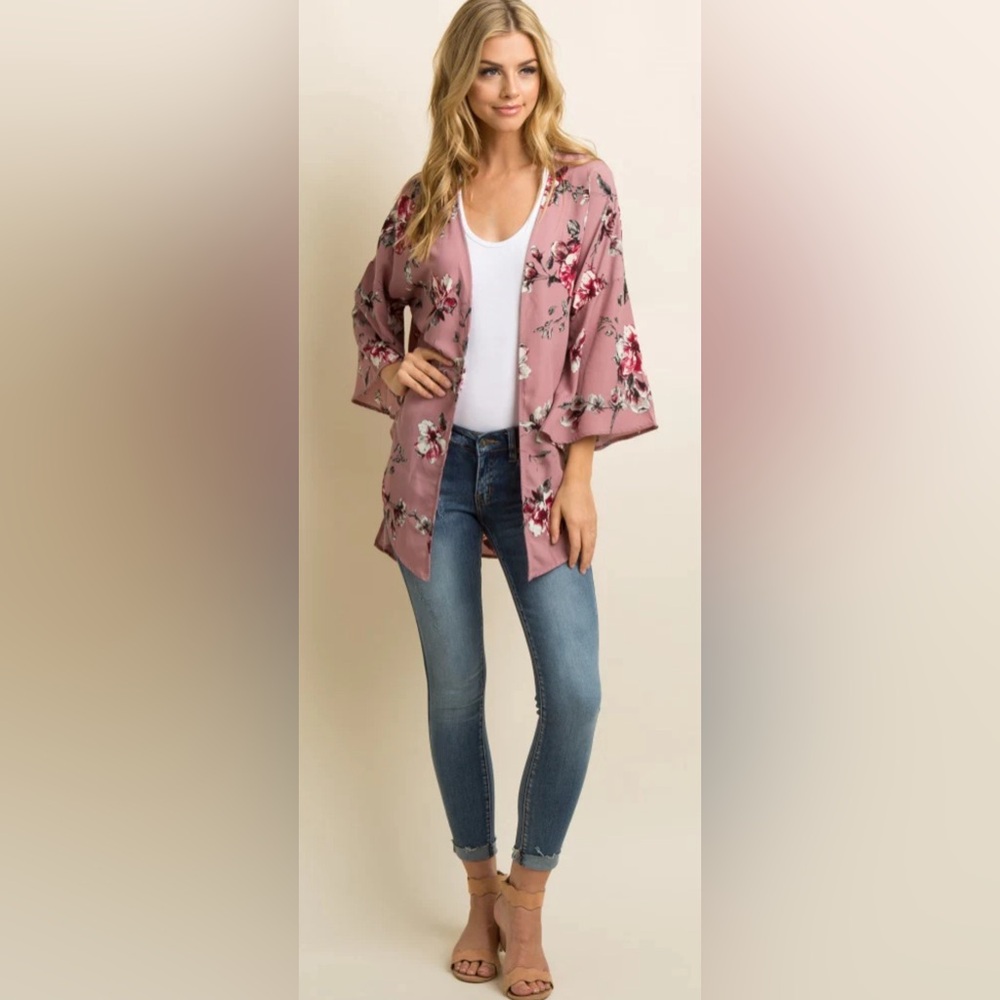 Pink Floral Bell Sleeve Kimono